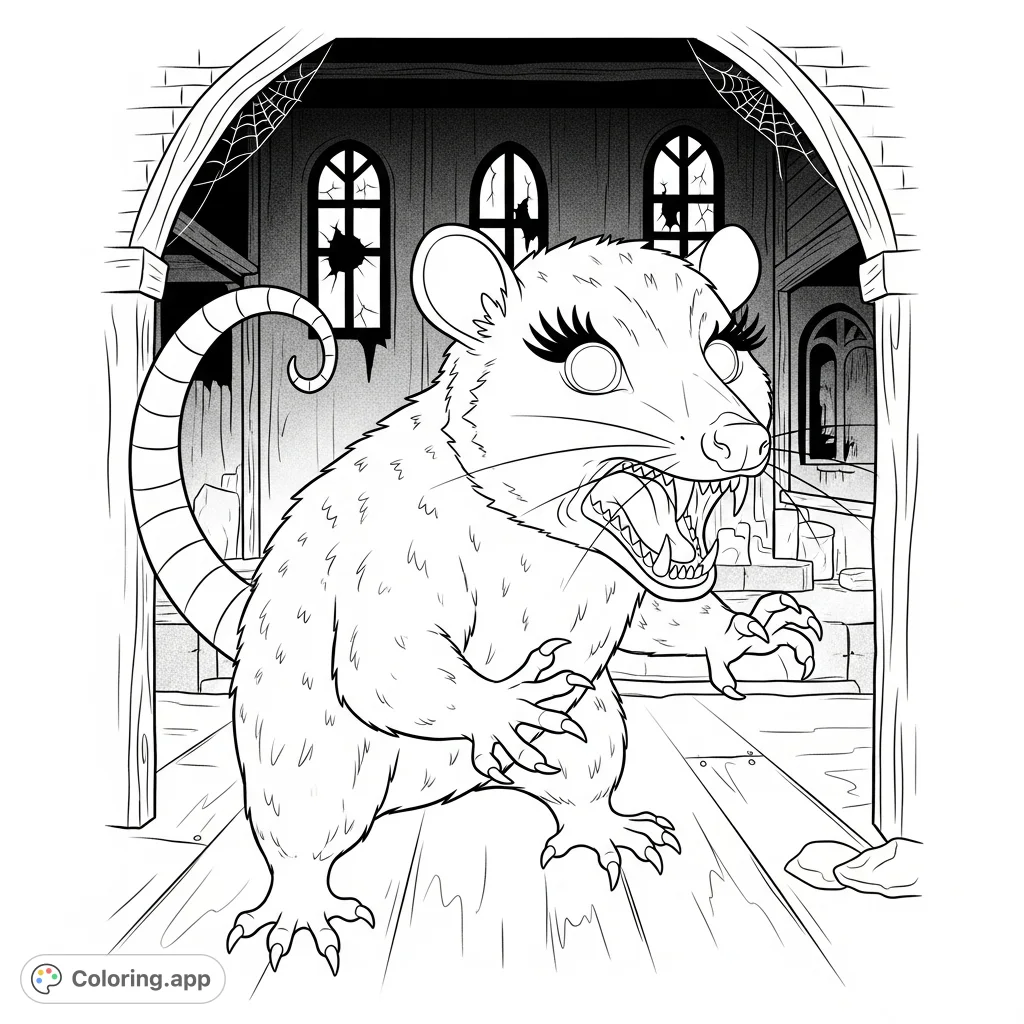 Meet Ophelia, a mysterious opossum, startled in a haunted house. Her fierce teeth, shimmering fur, and glowing eyes create a spooky Halloween scene.