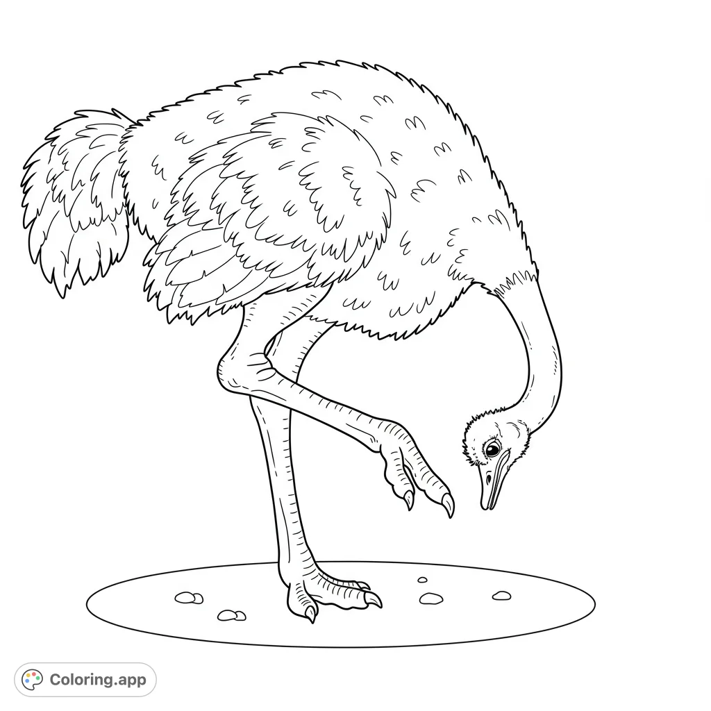 Discover a humorous ostrich examining its own large, two-toed foot in this unique and engaging free printable ostrich coloring page for kids.