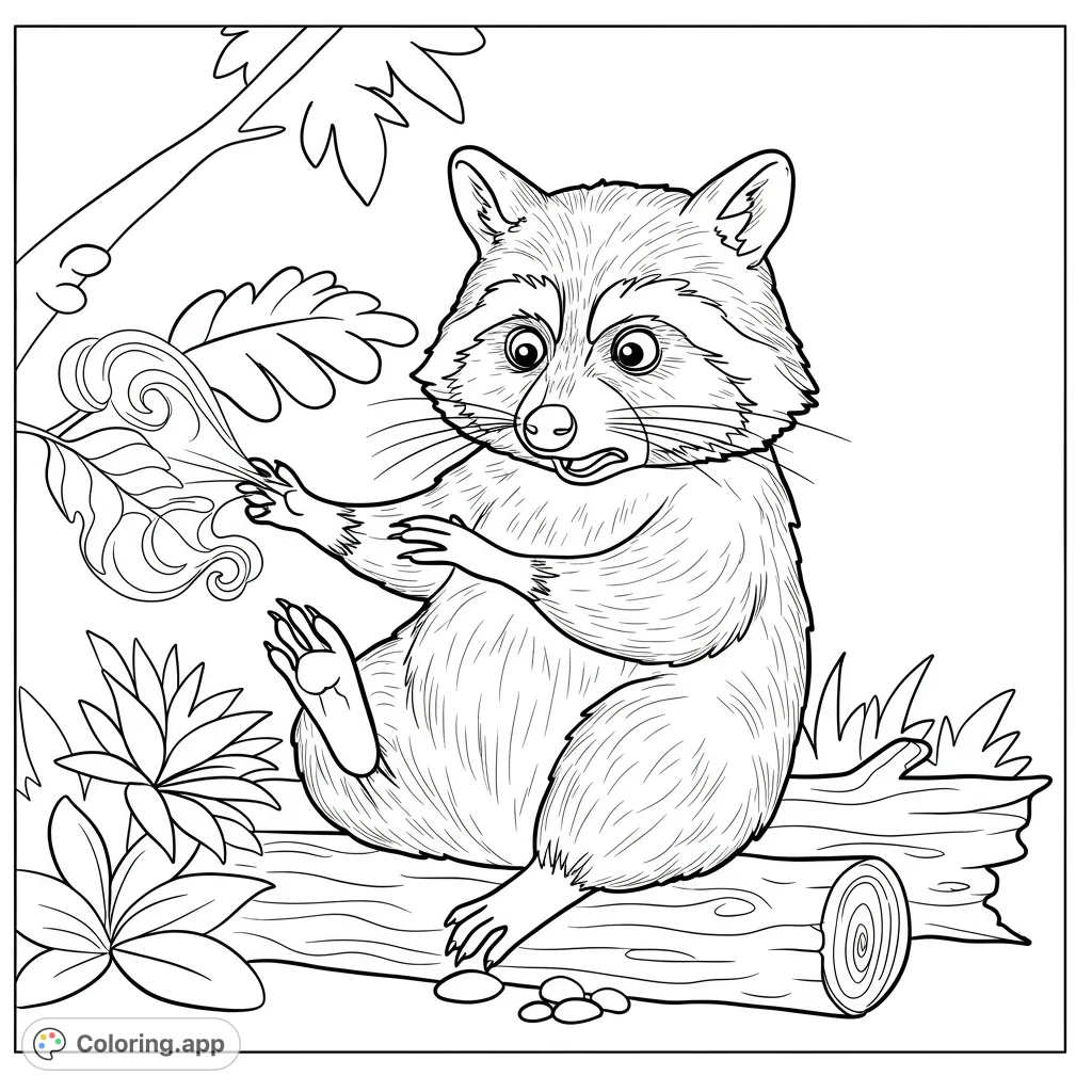A hilarious raccoon coloring page capturing a moment of self-discovery as it reacts to its own surprisingly smelly foot. Perfect for animal lovers!