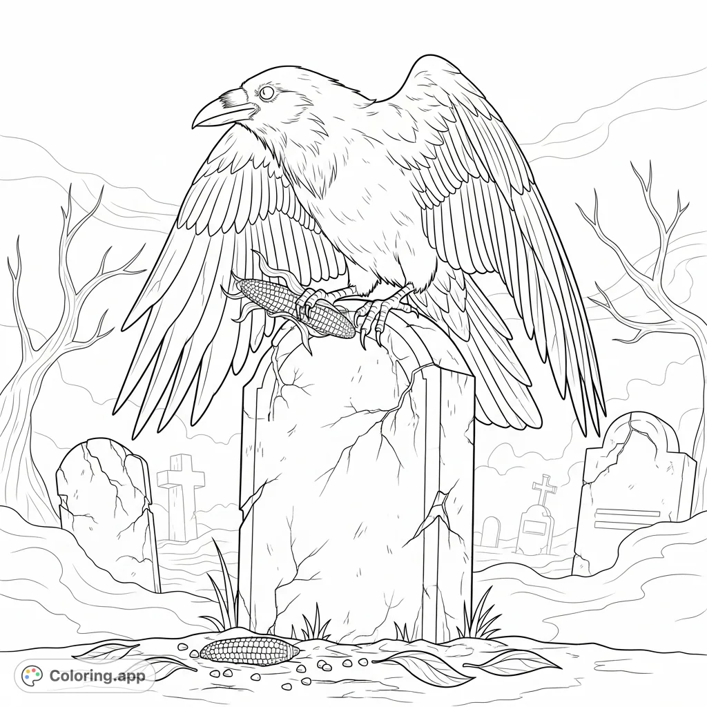 A mysterious crow, Ravenheart, perches on a weathered tombstone in a misty graveyard, clutching corn. A spooky Halloween scene for coloring.