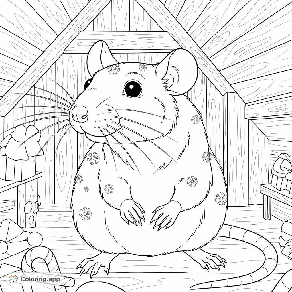 Meet Rolo, a lively rat with snowflake speckles, bright eyes, and a twitching nose, enjoying candy canes in a cozy wooden attic cabin.