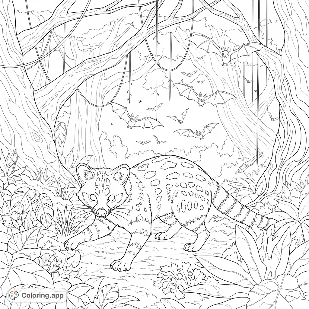 A daring civet, Sage, prowls through a haunted rainforest on Halloween night, with glowing eyes and patterned fur. A thrilling Halloween coloring page.
