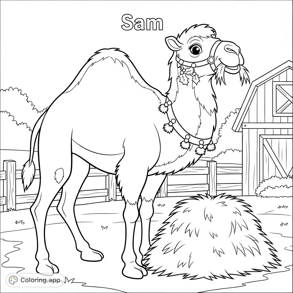 Meet Sam, the festive Christmas camel, enjoying hay on the farm for the 16th day of Christmas. A delightful animal coloring page for holiday fun!