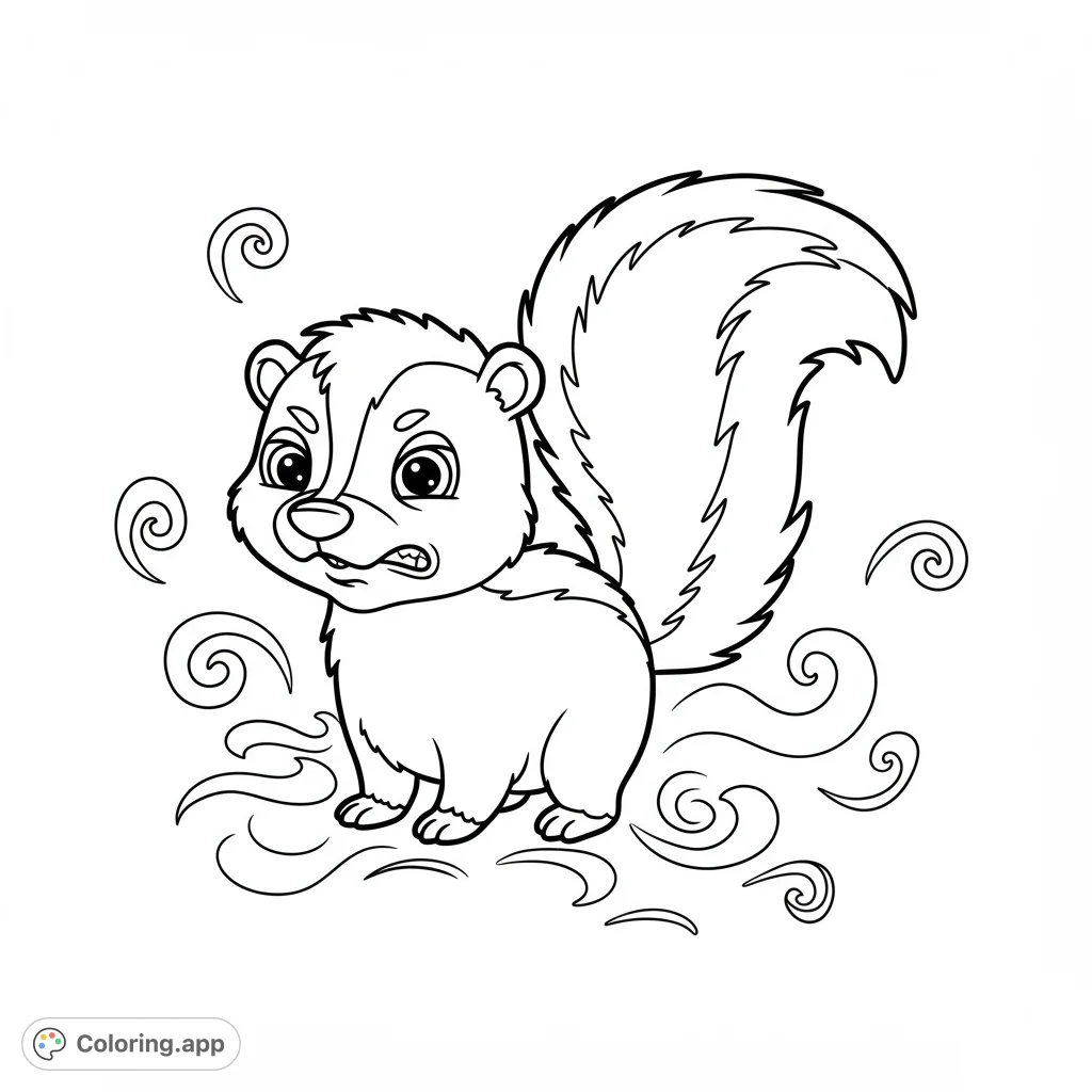 A funny skunk wrinkles its nose in disgust at its own stinky, cheesy-smelling feet, with wavy lines representing the pungent aroma. A quirky skunk coloring page.