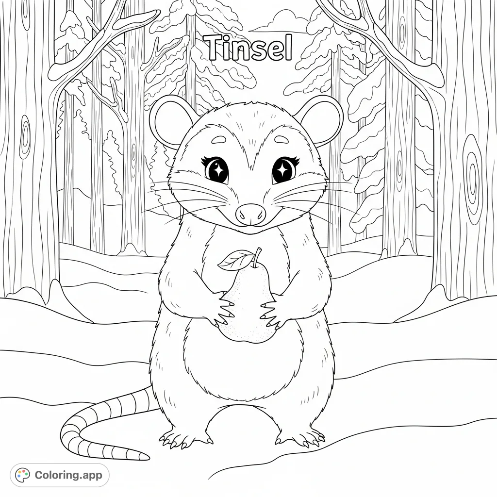 Discover Tinsel, a charming opossum with sparkling eyes, enjoying a juicy pear in a magical, snow-covered forest. A delightful winter wonderland coloring page.