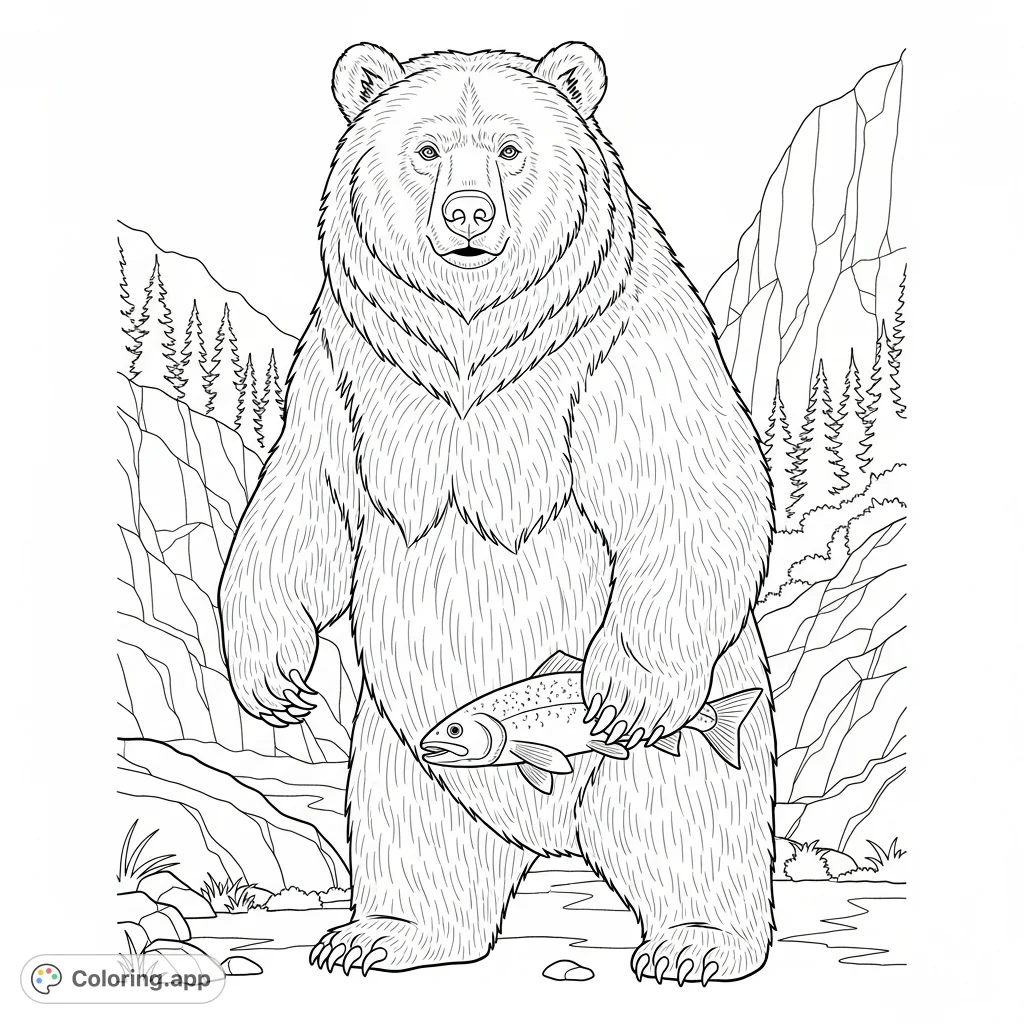 Discover Tundra, a mighty bear in its natural habitat, with powerful features and a fresh fish. A majestic creature of the wild, ready for your artistic touch.