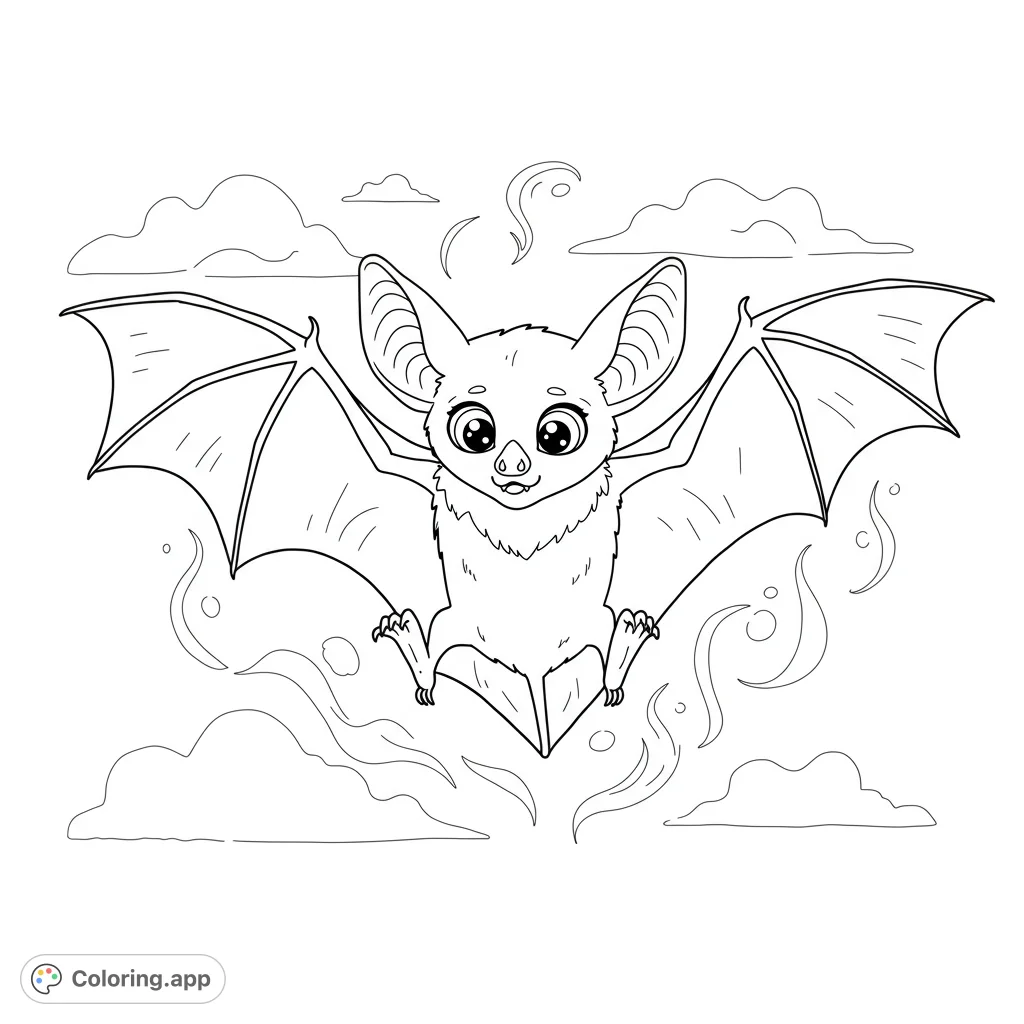 A whimsical bat inspects its feet, surrounded by swirling lines. A funny, free printable bat coloring page for all ages, perfect for creative expression.