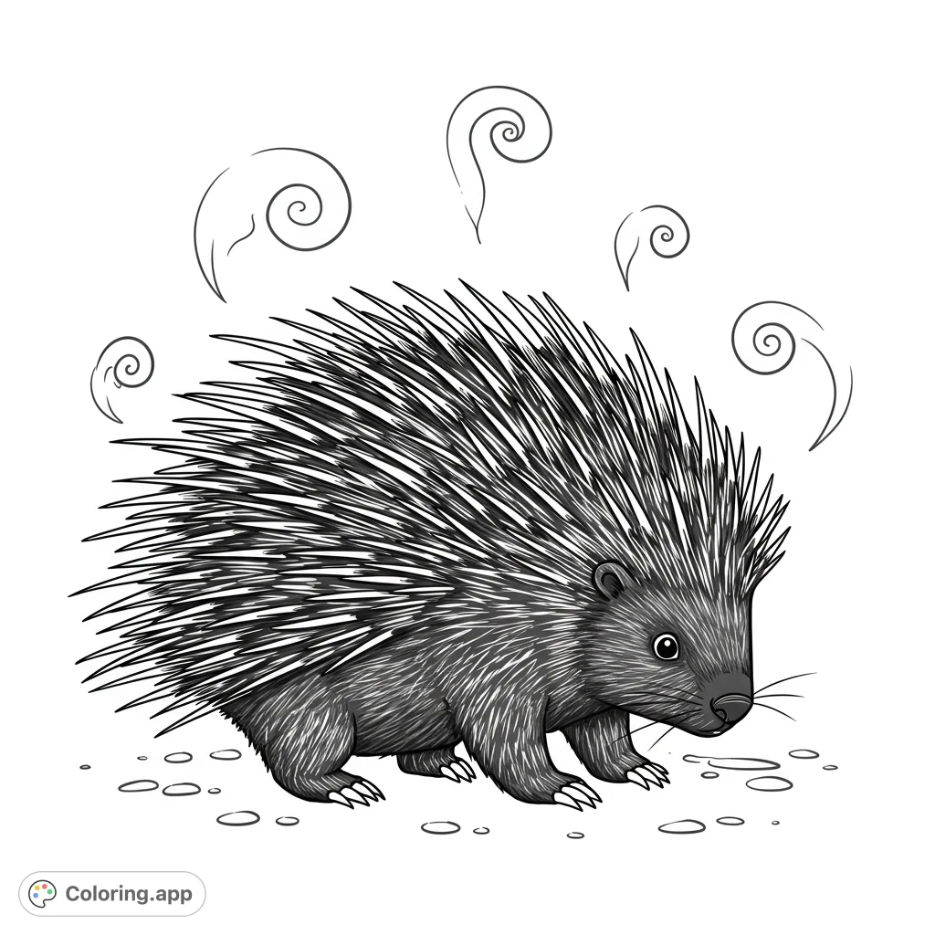 A funny porcupine coloring page featuring a surprised porcupine discovering its own comically pungent, green-scented feet. Perfect for a free printable coloring page!