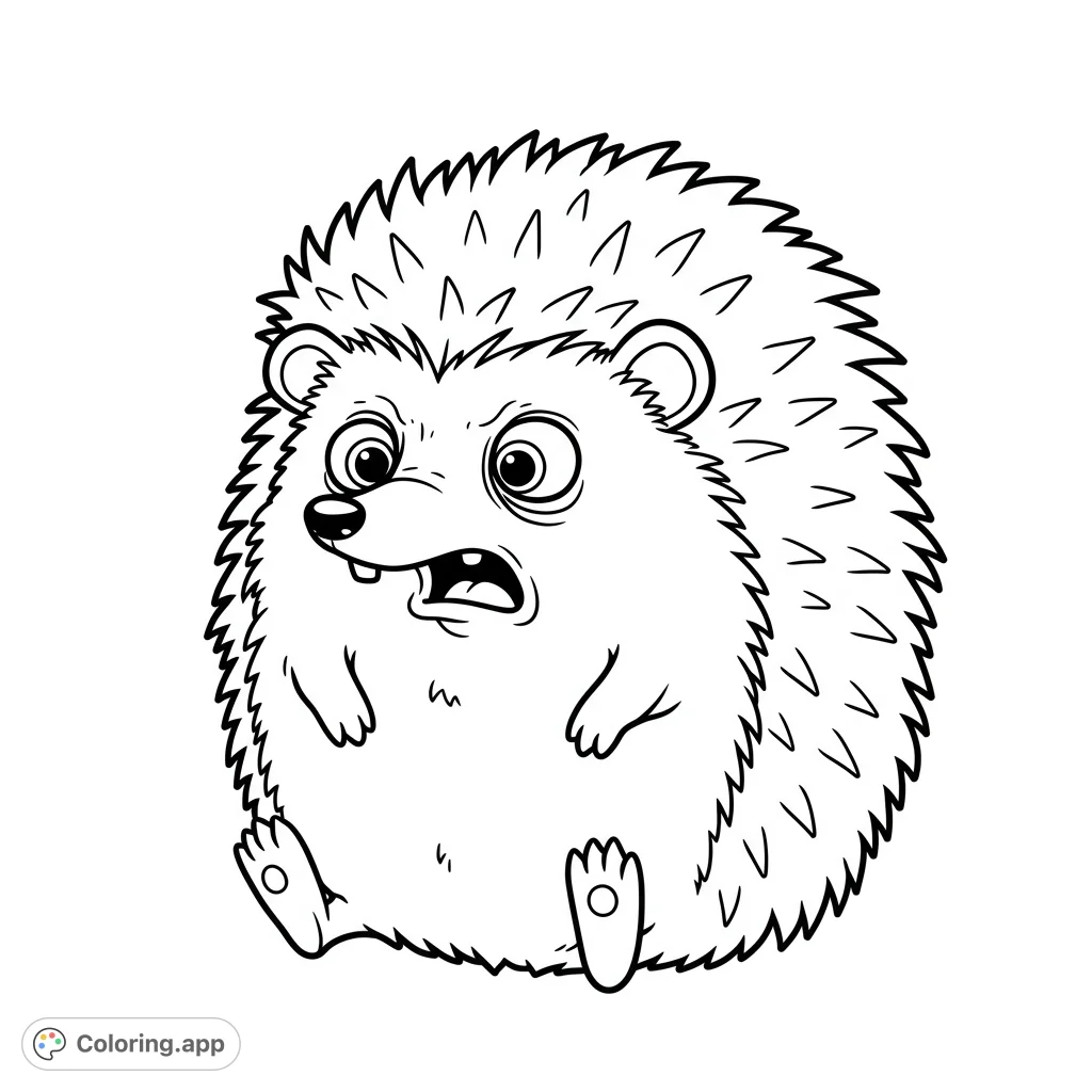 A cute, wide-eyed hedgehog with a surprised expression, perfect for a fun and expressive coloring page. Free printable for all ages!