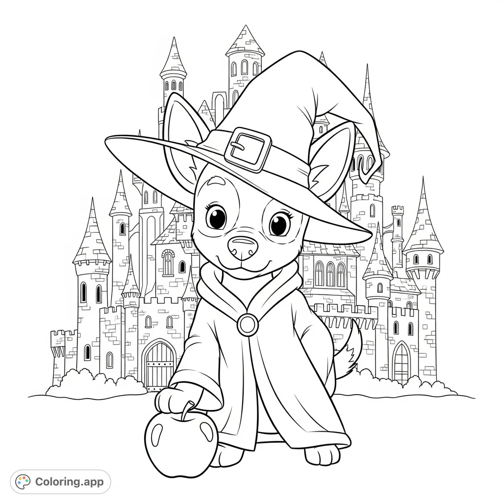 Meet Winnie, the adorable witch dog, ready for Halloween adventures in her magical hat and robe, munching an apple outside a mysterious castle.