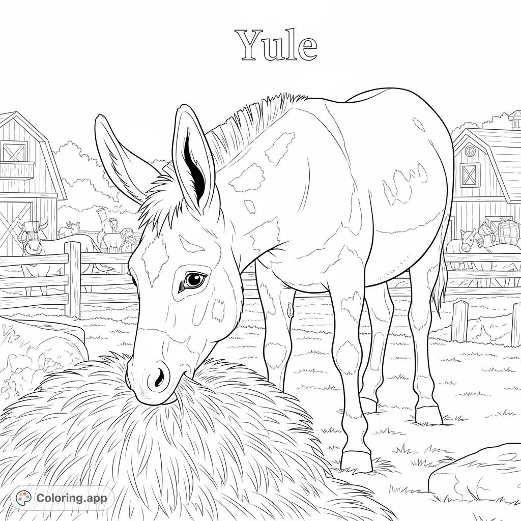 Meet Yule, the lively donkey, happily munching hay on a bustling farm. A charming scene for a fun farm animal coloring page adventure.
