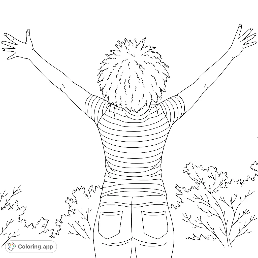 A person with curly hair and striped shirt, arms wide open, stands in a natural setting. A free printable celebration coloring page.