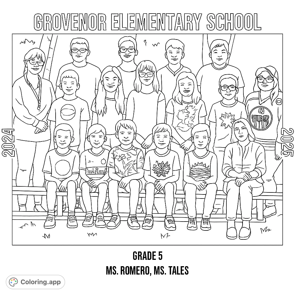 Capture school memories with this group portrait coloring page featuring students and teachers. A free printable coloring page for all ages.