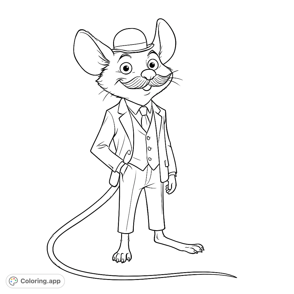 A charming mouse in a suit and bowler hat, perfect for a delightful coloring adventure. Free printable dapper mouse coloring page for all ages!