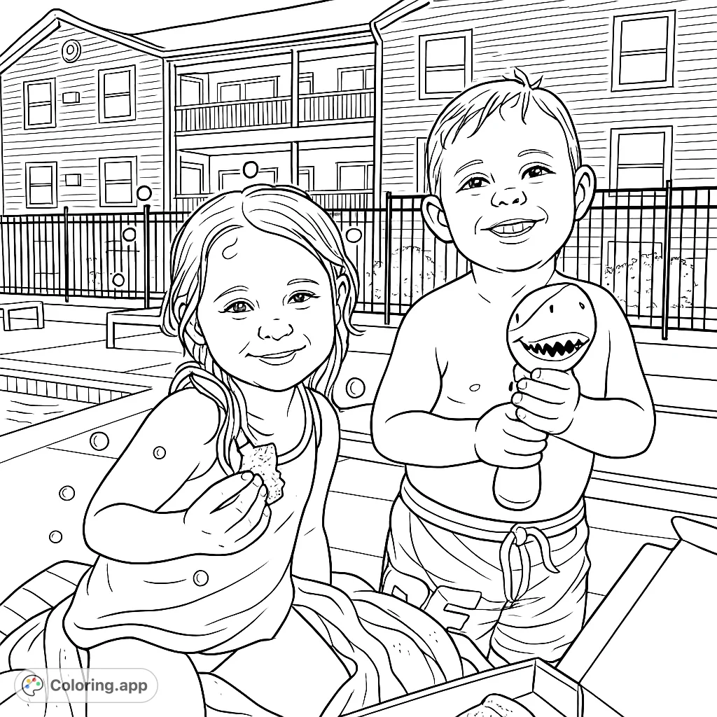 Two happy kids enjoy a sunny pool day with snacks and toys. A fun summer pool party coloring page for kids and adults.