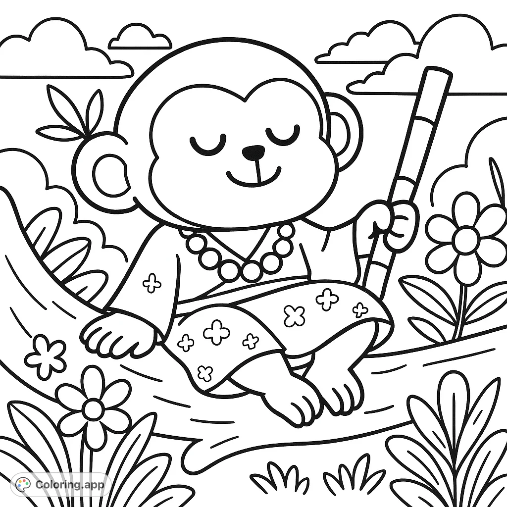 A peaceful monkey sits on a tree branch, eyes closed, holding a stick. Surrounded by flowers and clouds.