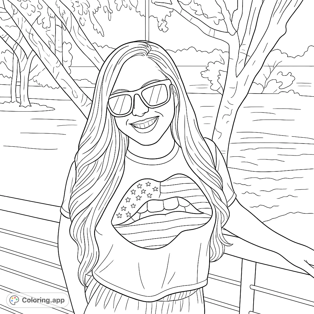 A smiling young woman in sunglasses, wearing a unique American flag lips shirt, leaning on a railing by the water. A free printable coloring page.