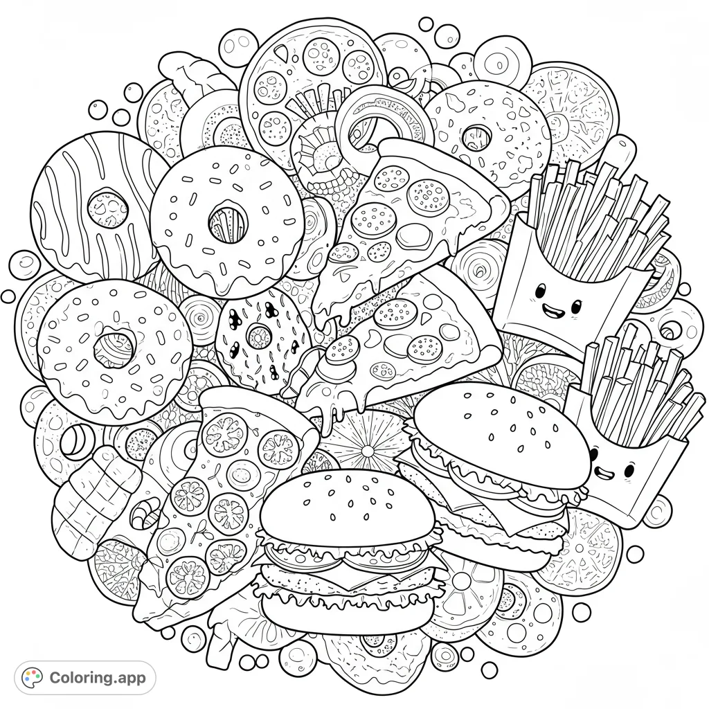 A delicious circular medley of pizza, donuts, burgers, and fries, perfect for a fun food-themed coloring adventure. Free printable fast food coloring page.