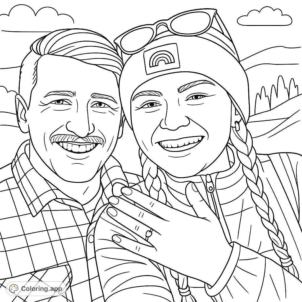 A joyful couple smiles for a selfie, featuring a man in plaid and a woman with braids and a beanie, set against a scenic outdoor backdrop.
