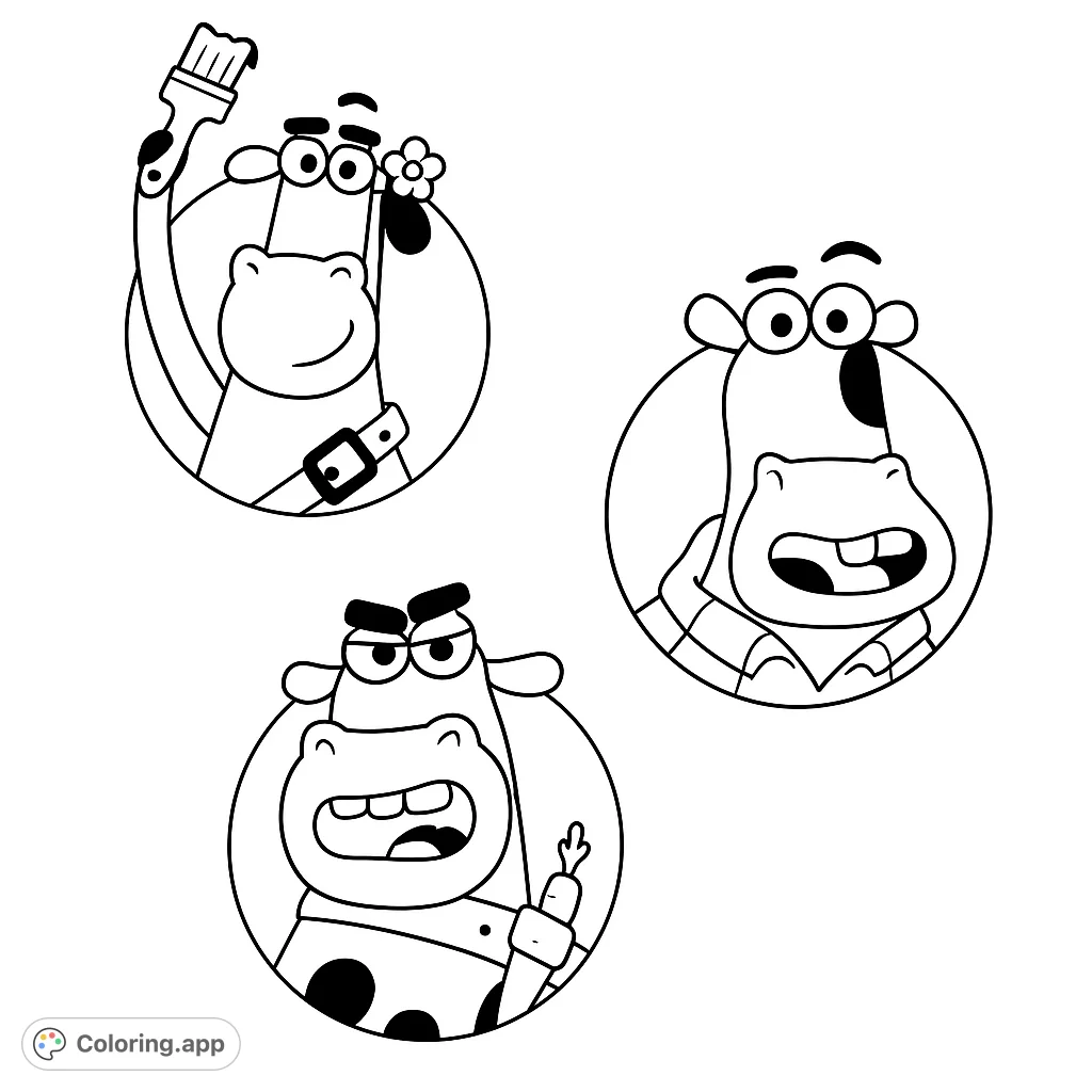 Three adorable cartoon cow portraits, each with unique expressions and props, perfect for a fun and engaging coloring experience for all ages.