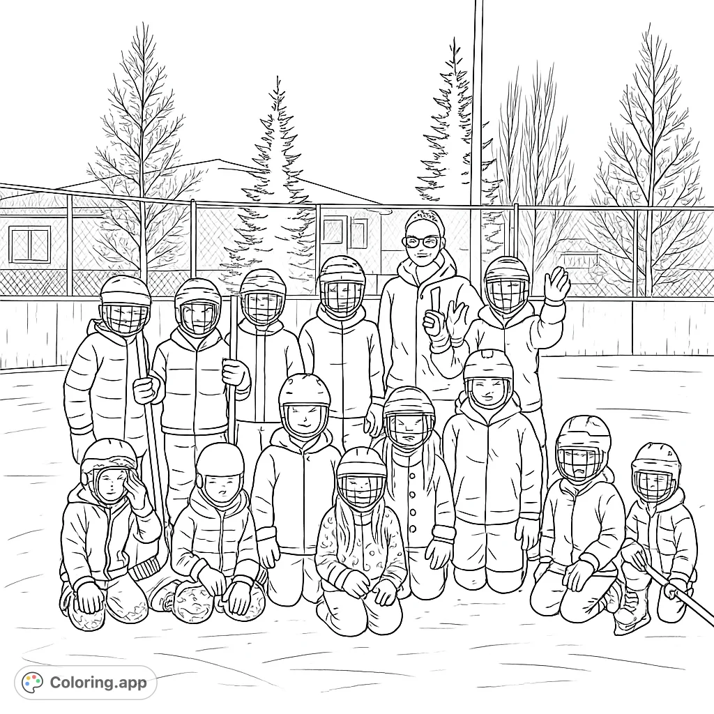 A youth hockey team poses on the ice rink in this fun coloring page. Great for kids who love winter sports and team activities!