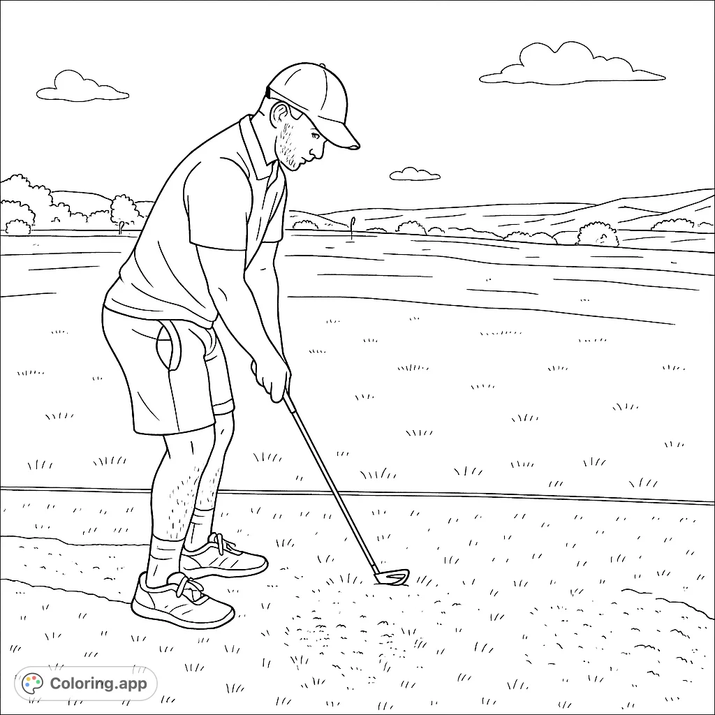 A focused golfer prepares to swing on a sunny golf course, with rolling hills and clouds in the background. Perfect for sports fans.