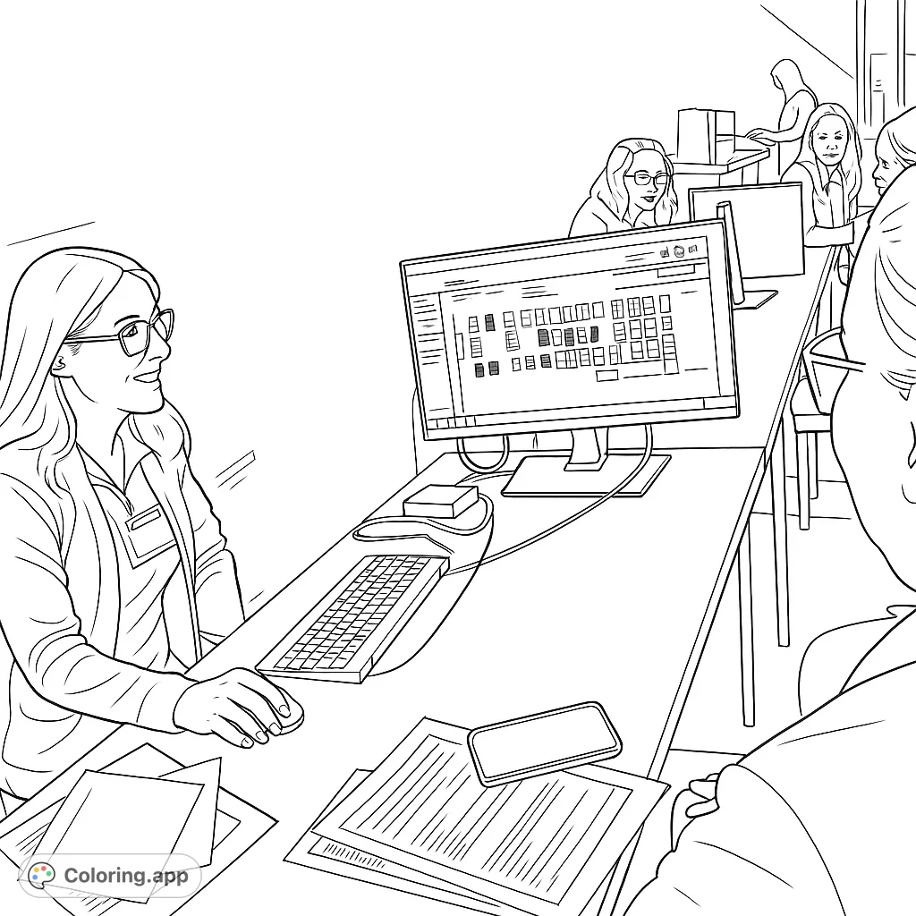 Explore a busy office scene with a smiling professional at her computer. A detailed, free printable office coloring page for all ages.