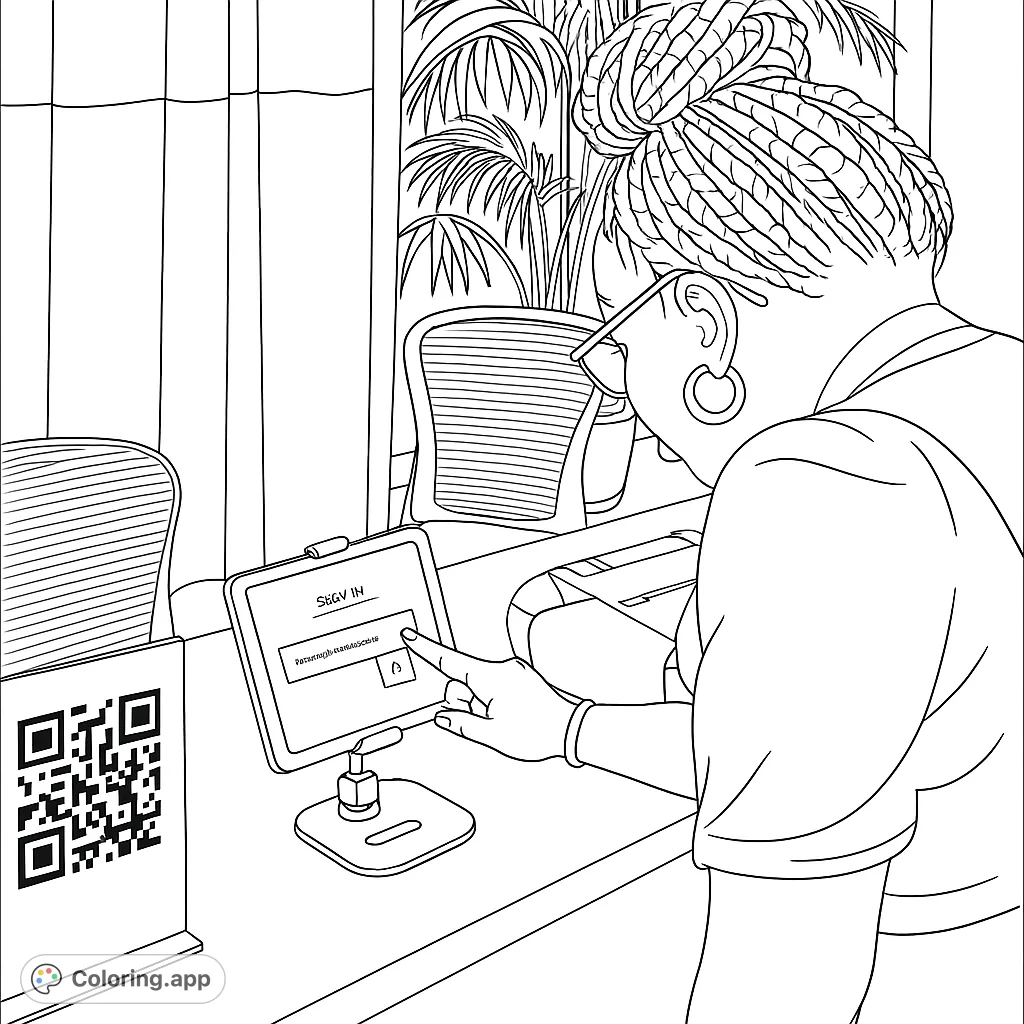 A woman interacts with a tablet at a modern event. This coloring page features technology and contemporary life.