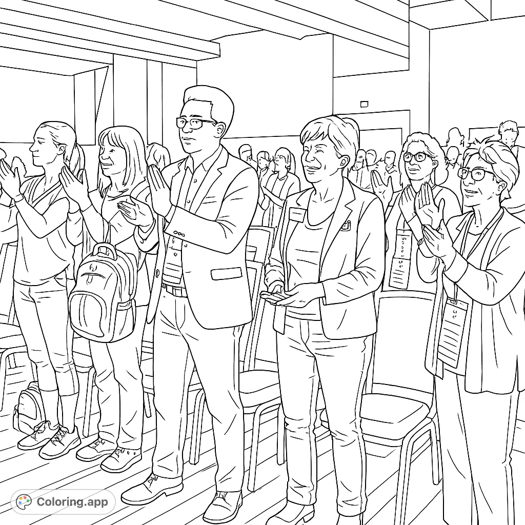 A cheering crowd clapping at a conference. A detailed coloring page for adults and older children who enjoy scenes of people and events.