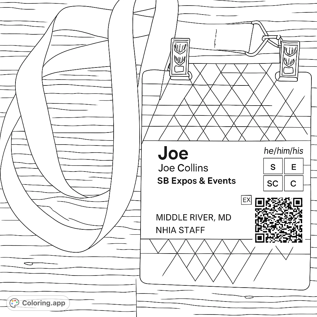 Detailed conference badge and lanyard coloring page, perfect for events and personalization. Free printable coloring page for all ages.