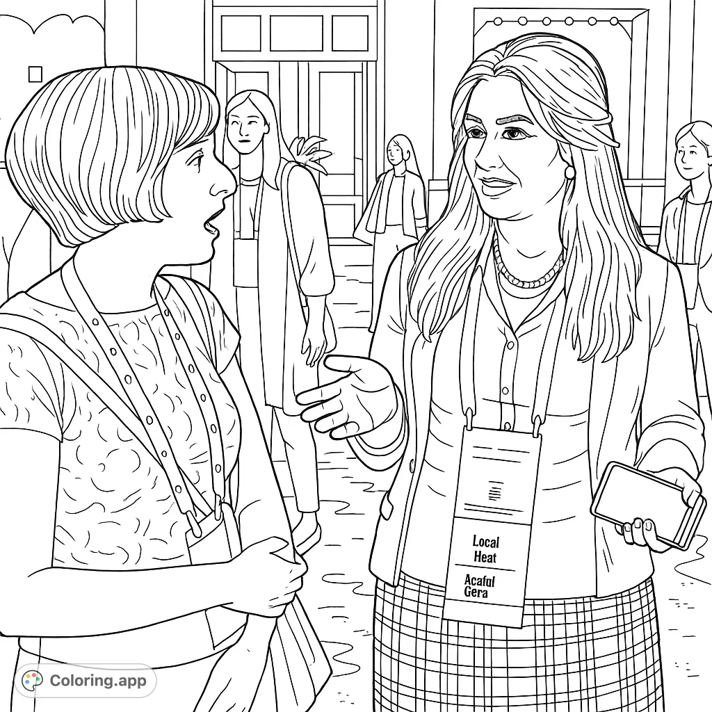 Engage in a vibrant conference scene! Two women connect, surrounded by a lively event atmosphere.