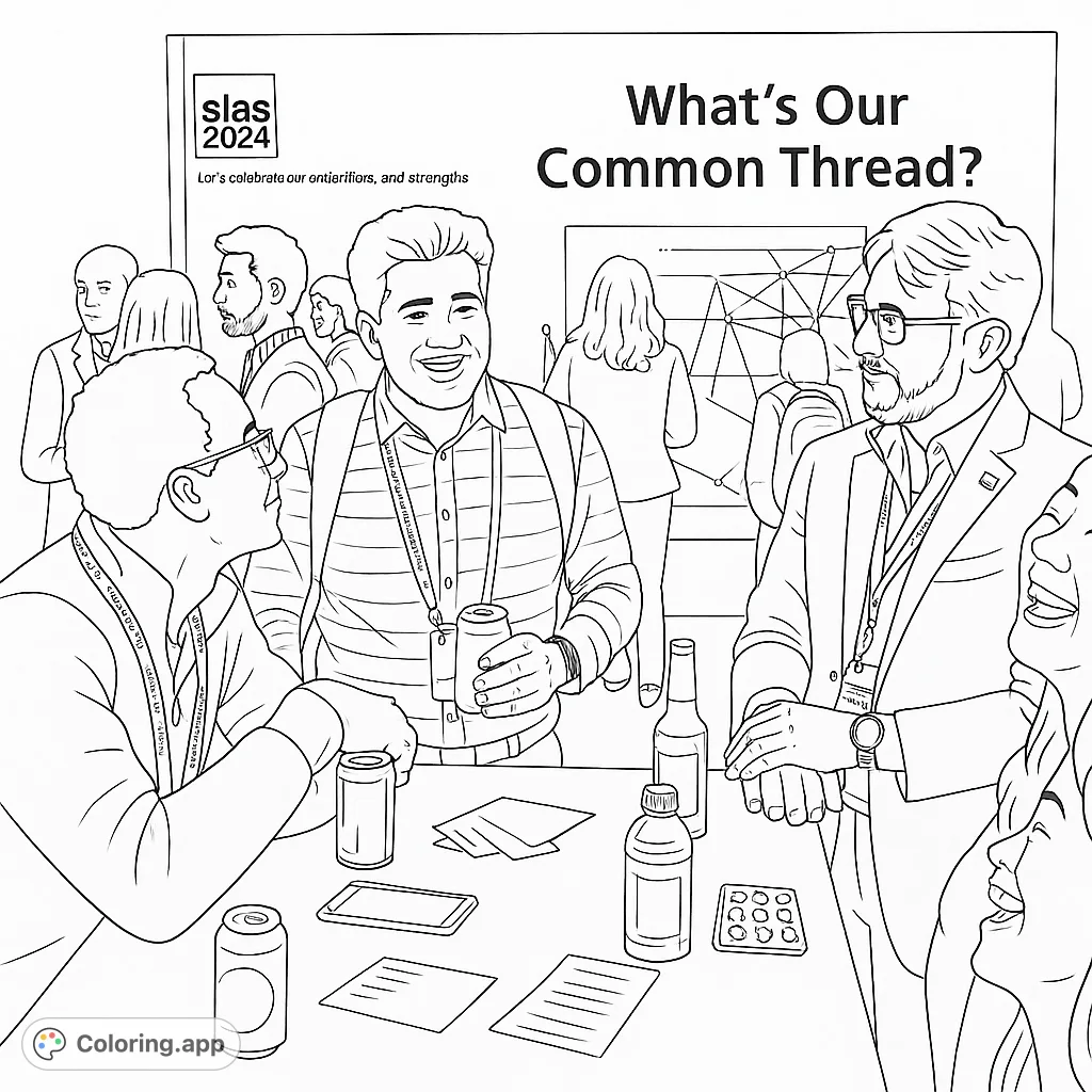 Engage with this conference networking coloring page featuring lively conversations, diverse attendees, and detailed table elements. A free printable coloring page for adults.