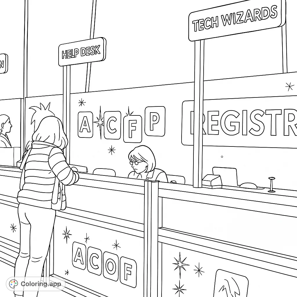 Explore a bustling convention scene with a Help Desk and Tech Wizards booth. A free printable event coloring page for all ages.