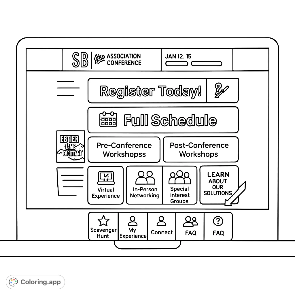 Explore a modern digital conference interface coloring page. This free printable coloring page features a tablet screen with interactive buttons and icons, perfect for tech enthusiasts and creative minds.