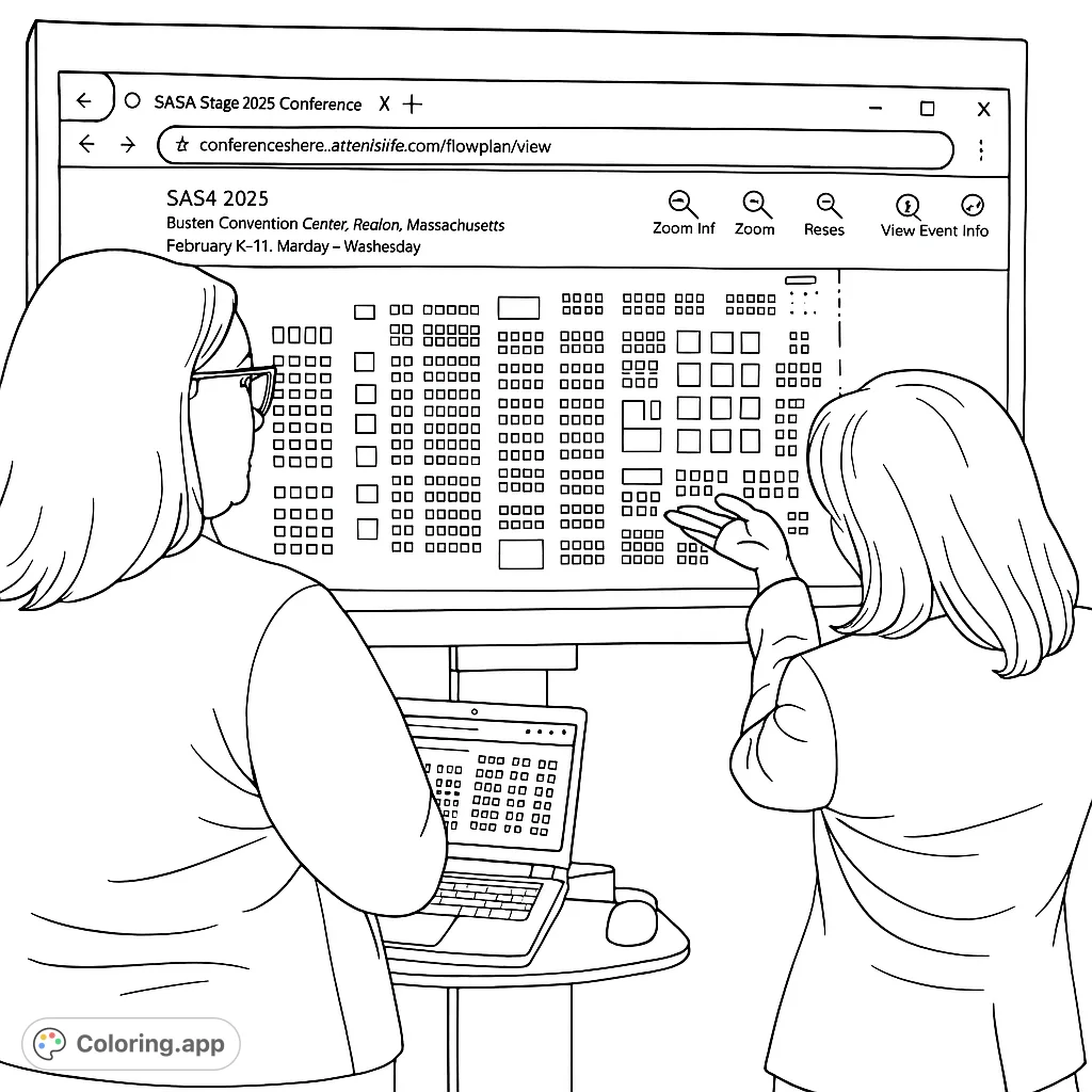 Two individuals review a digital floor plan on a large screen, planning an event. Perfect for tech and business themes.