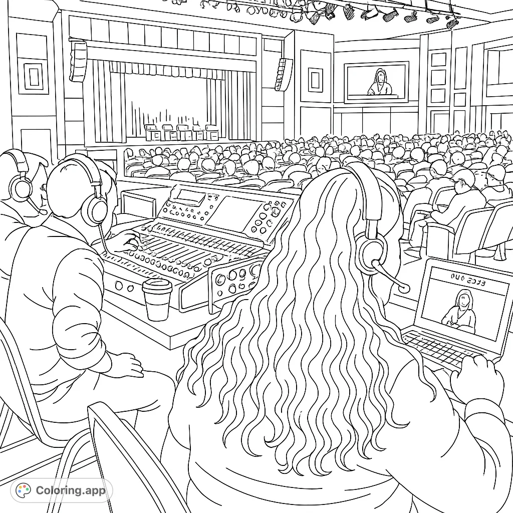 Detailed event production scene: sound engineers, mixing board, audience, and stage. A free printable coloring page for all ages.