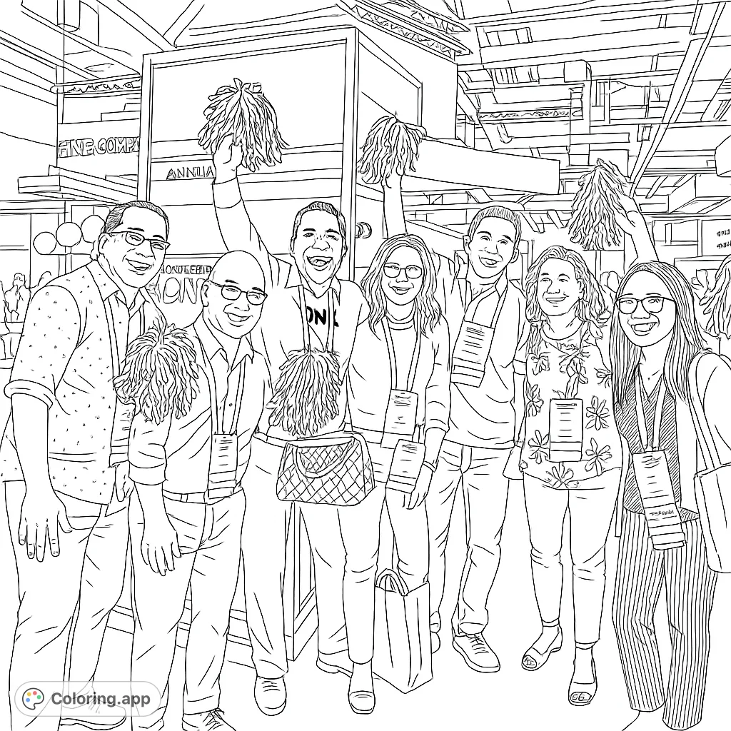 A vibrant group of friends smiling at a lively convention. Perfect for adding your own colors to their outfits and the bustling event background.