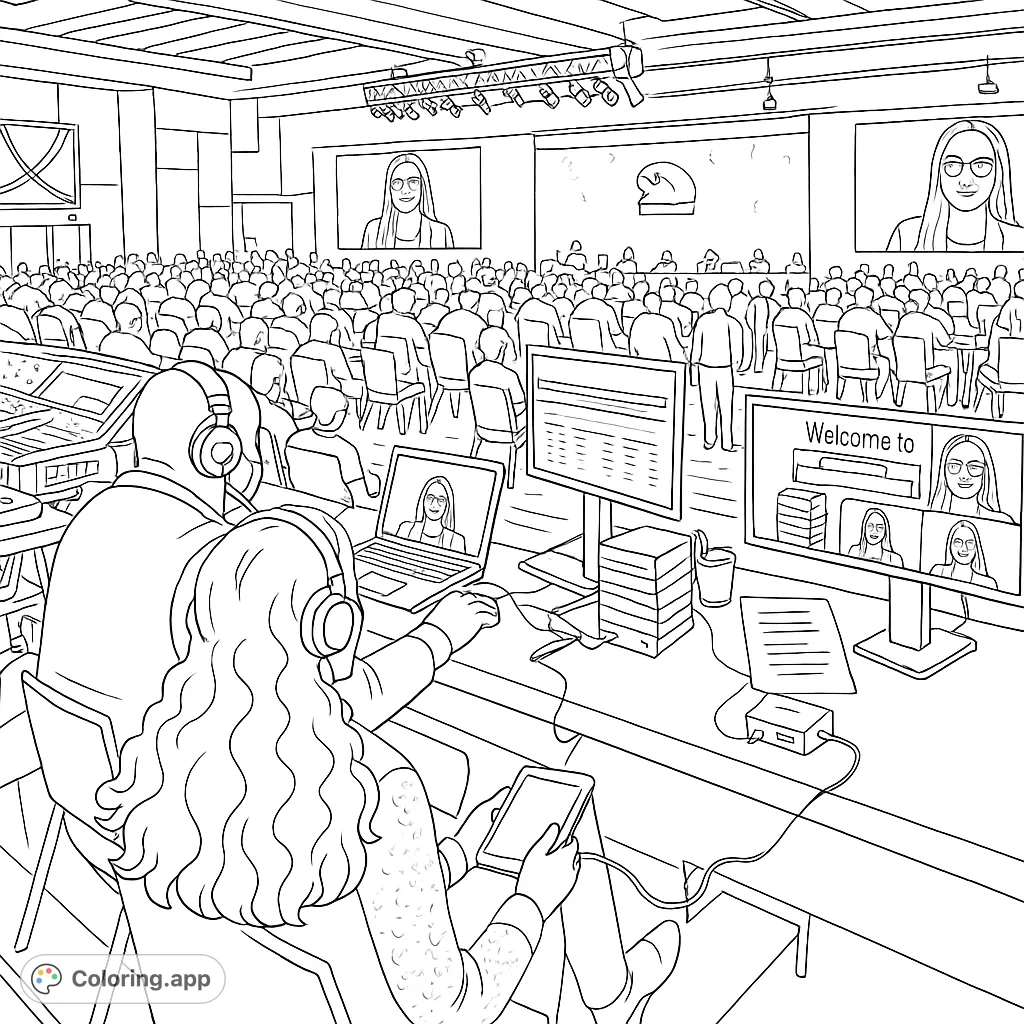 Dynamic conference scene with production crew, audience, and stage visuals. A detailed event coloring page for all ages.