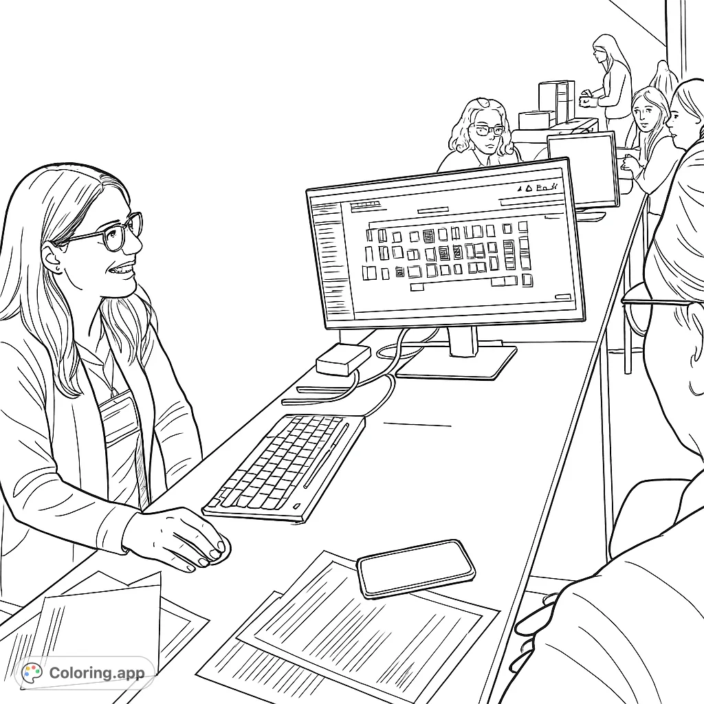 Smiling office worker at desk with computer and papers. A bustling workplace scene for all ages to color and enjoy.