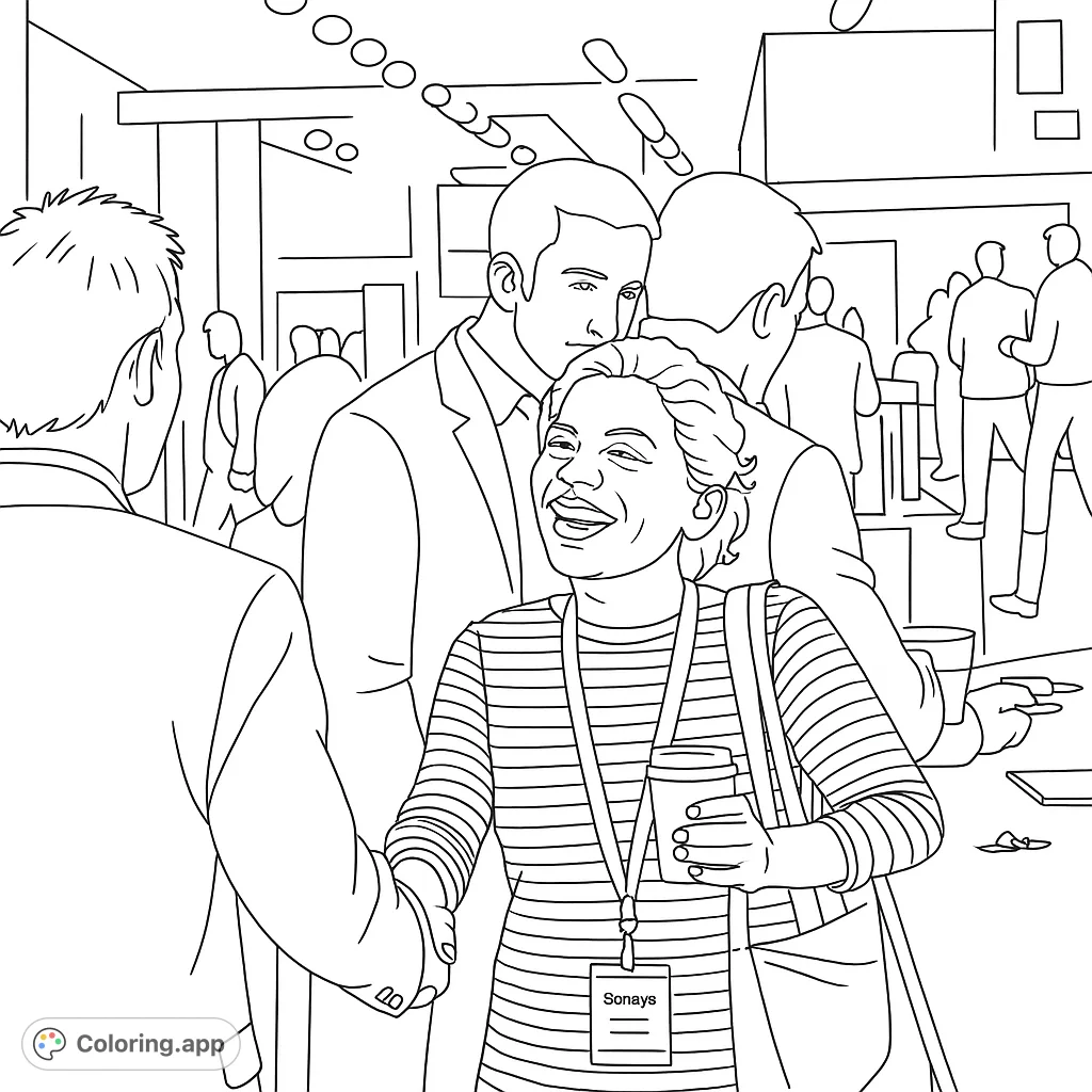 Engage with this professional networking coloring page featuring a handshake, smiling woman, and bustling event background. Free printable for adults.
