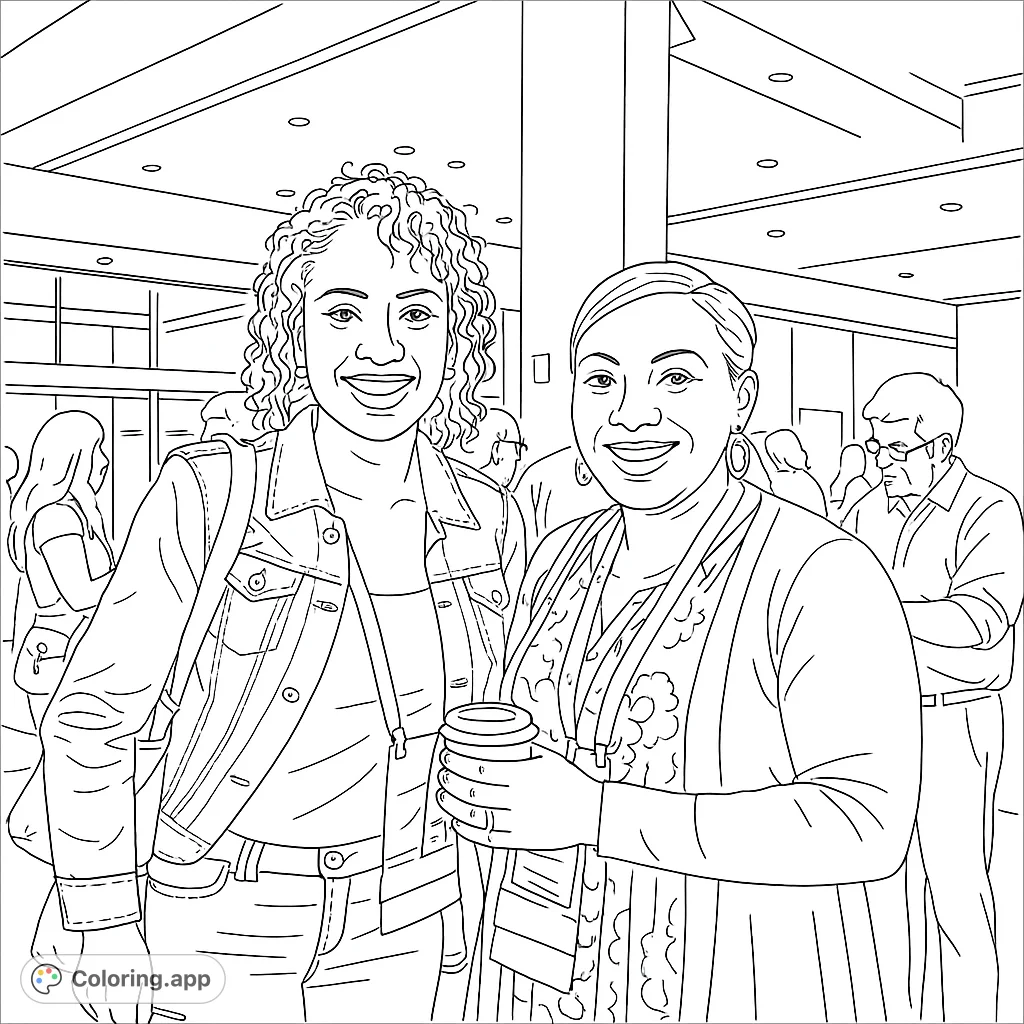 Two smiling women at a lively event, ready for vibrant colors. A free printable people coloring page perfect for all ages.