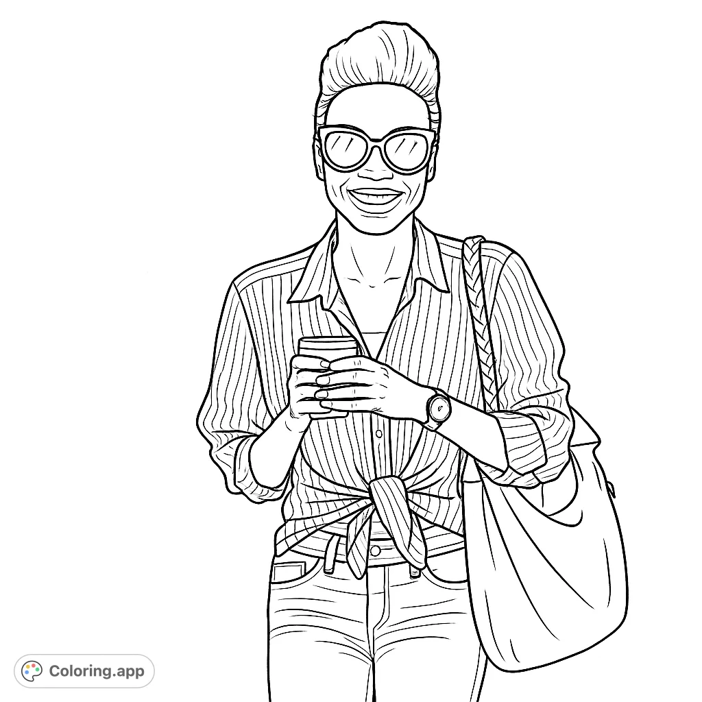 A stylish woman with sunglasses and a tied shirt smiles, holding a coffee cup. Perfect for a relaxing, free printable modern lifestyle coloring page.