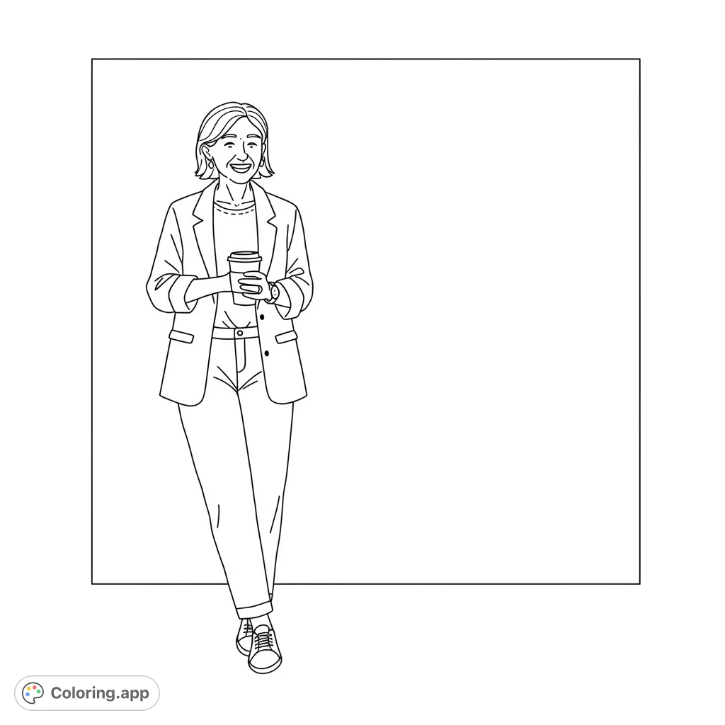 A cheerful woman in a blazer holds a coffee cup, ready for your creative colors. Perfect for a relaxing coloring session.