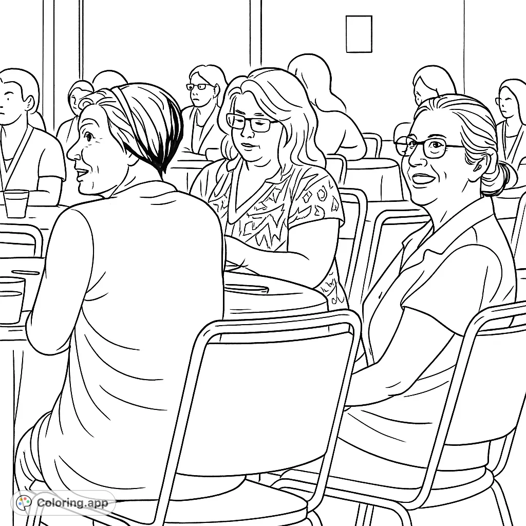 Engage with this free printable gathering coloring page featuring people at tables, perfect for all ages. A social scene for creative expression!