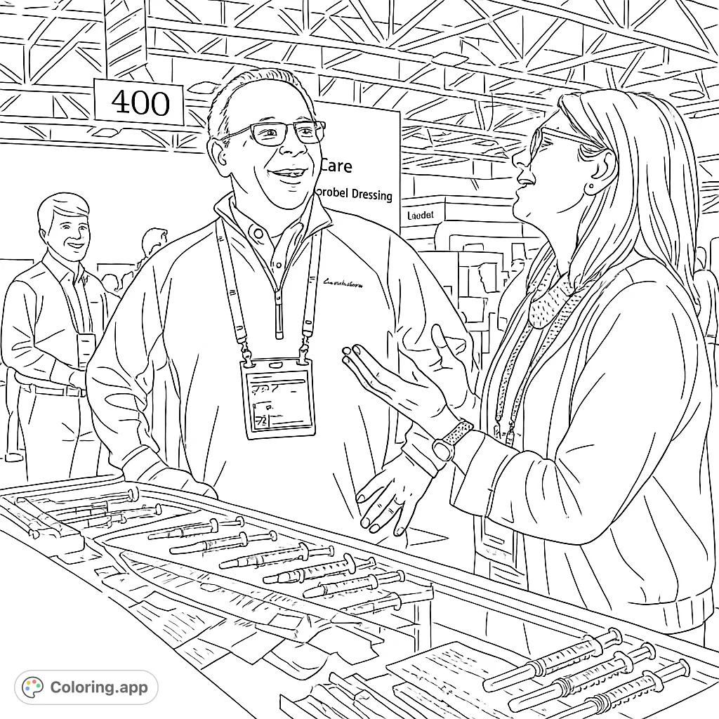 Engage in a professional trade show scene! Color two smiling professionals discussing medical instruments at a detailed display booth, set against a busy convention background.