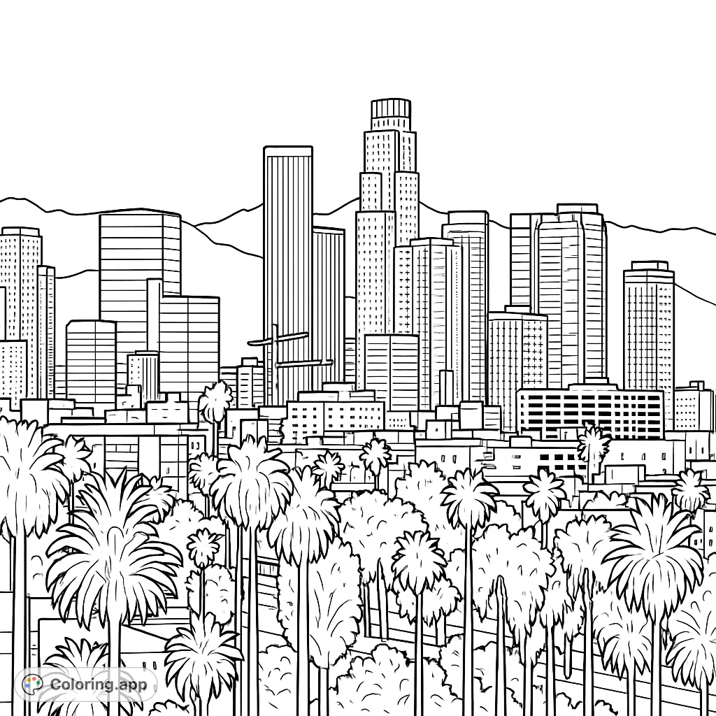 Explore a vibrant urban oasis featuring a towering cityscape framed by majestic mountains and a lush foreground of palm trees. A free printable city coloring page for all ages.