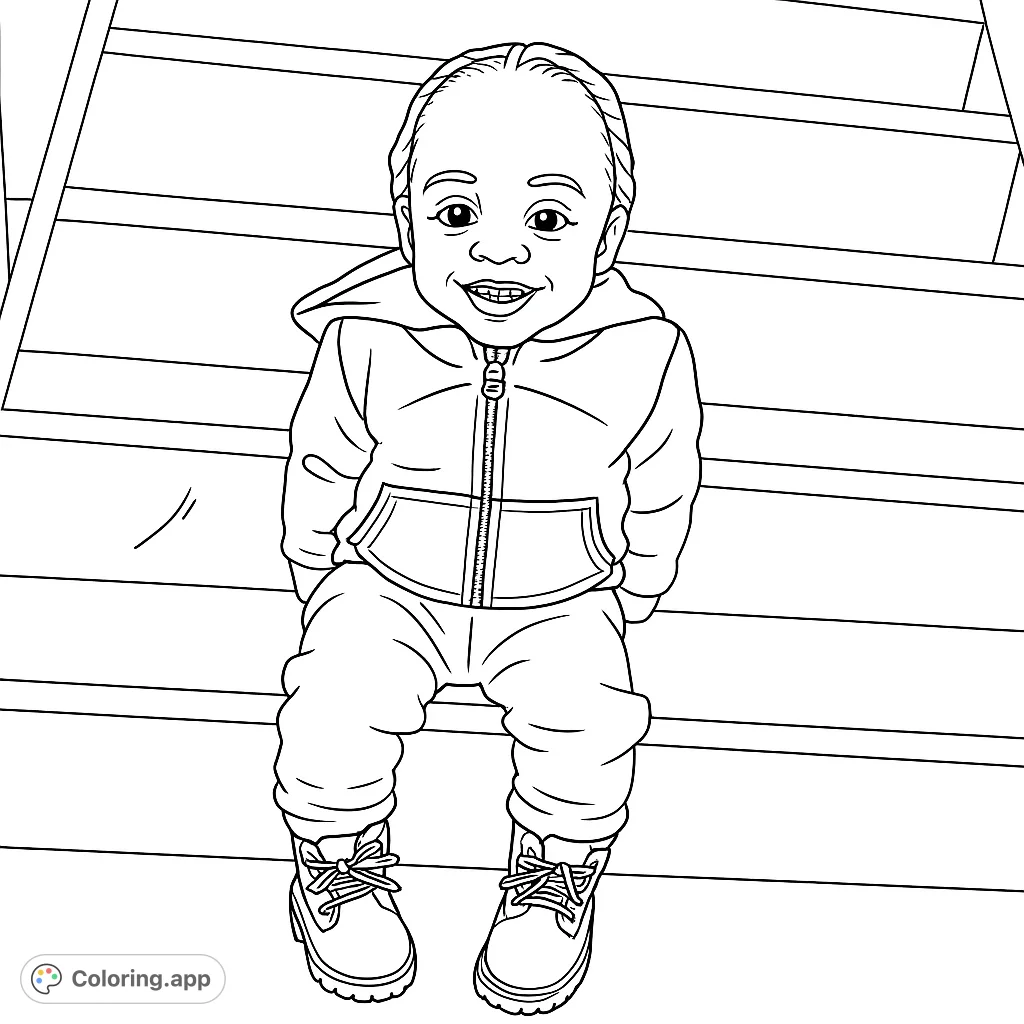 A joyful child in a hoodie and boots sits smiling on steps. Perfect for a heartwarming coloring experience.