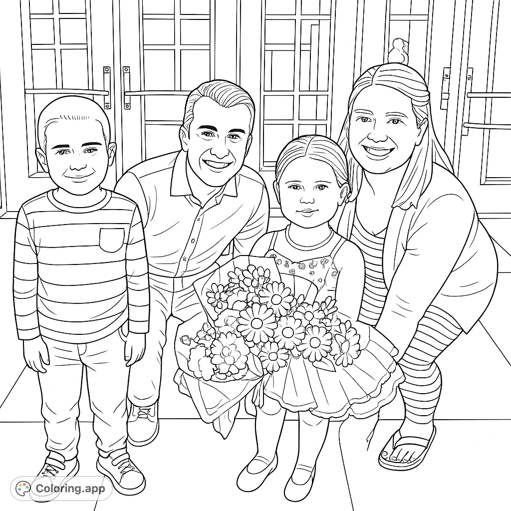 Capture family joy with this free printable family coloring page featuring a smiling family of four and a beautiful flower bouquet. Perfect for all ages!