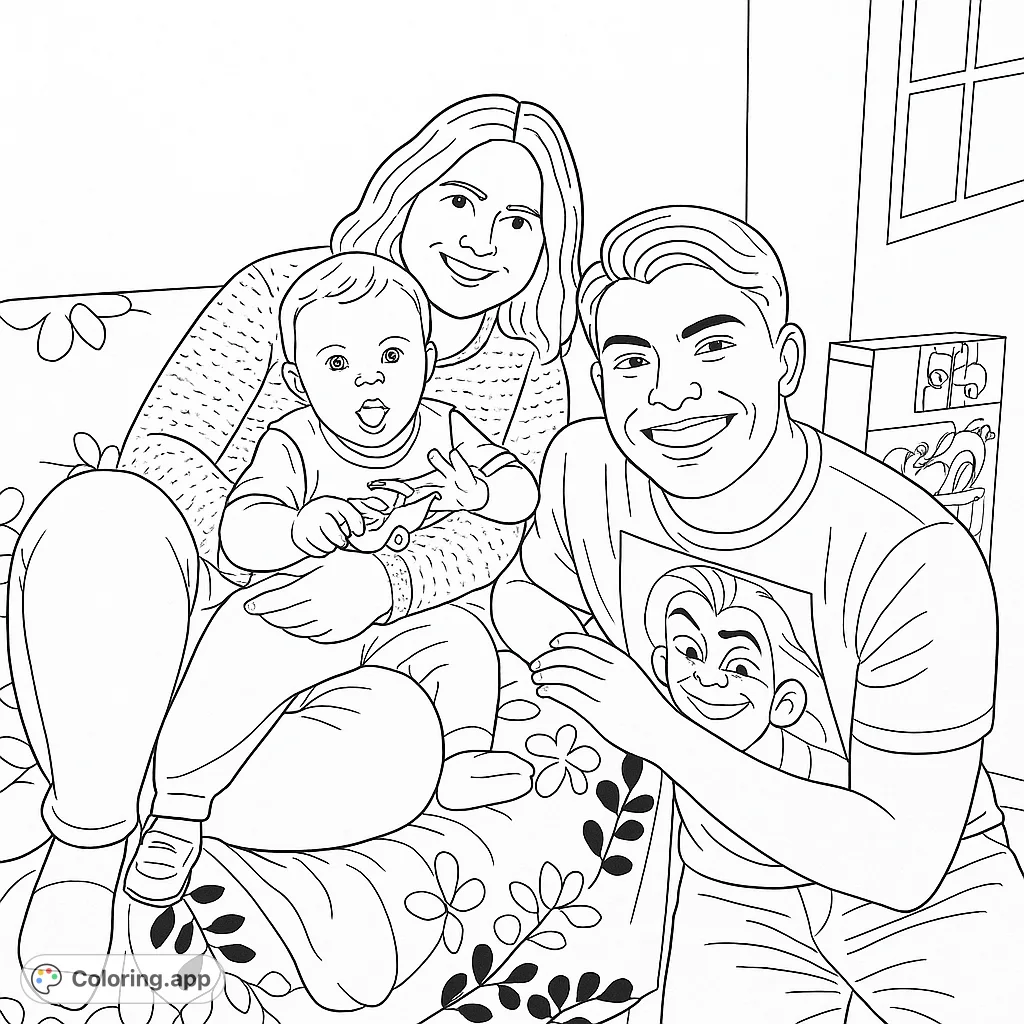 Capture the joy of family with this heartwarming coloring page featuring a mother, father, and their adorable baby on a cozy, patterned couch. Perfect for all ages.