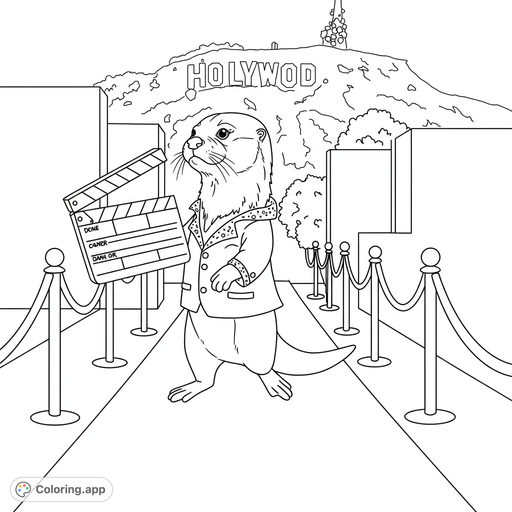 A dapper otter on a red carpet, holding a clapperboard, with a famous sign hill in the background. A fun, free printable Hollywood-themed coloring page.